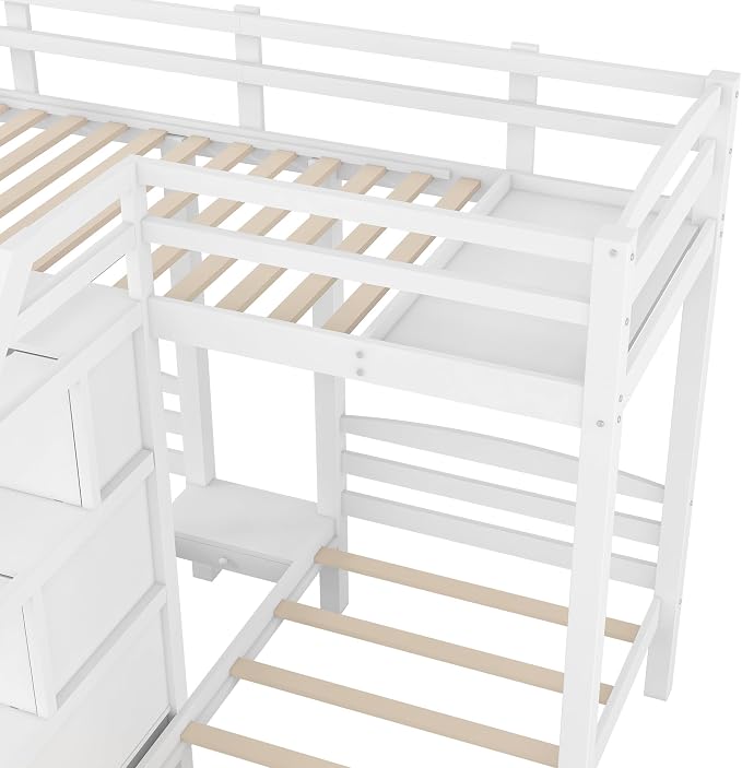 VilroCaz Twin Size Triple Bunk Bed with Built-in Staircase and Storage Drawer, Solid Wood Bunk Bed Frame with Safety Full-Length Guardrail for 3, Bedroom Guest Room Home Furniture