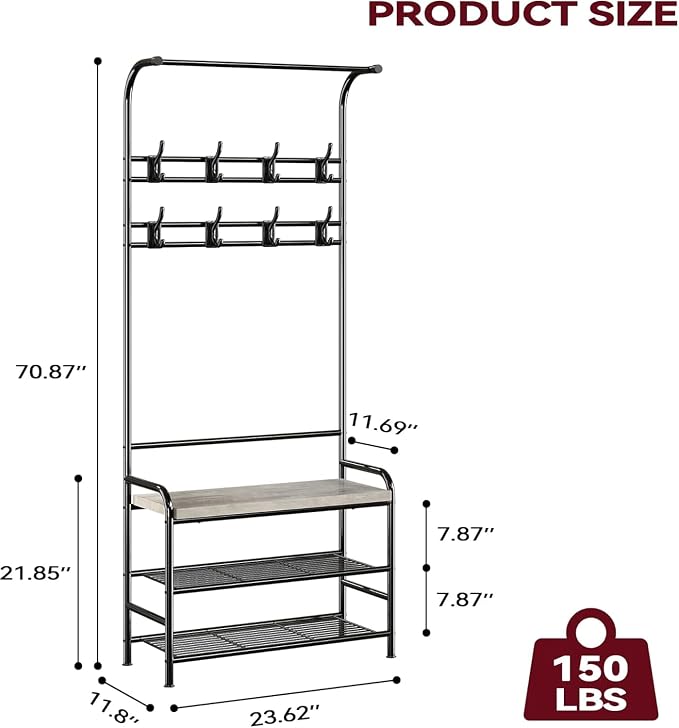 OUTLANE Hall Tree Shoe Bench for Entryway, Hall Tree with Bench and Shoe Storage, 4-in-1 Coat Rack Storage Bench with 8 Hooks, Freestanding Entryway Organizer for Hallway, Bedroom, Small Spaces, Grey