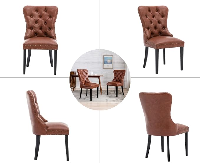 EALSON Modern Dining Chairs Set of 8 Mid Century Leather Dining Room Chairs with Wood Legs Tufted Upholstered Kitchen Side Chairs with Nail Head Trim for Dining Room/Living Room, Brown with Ring