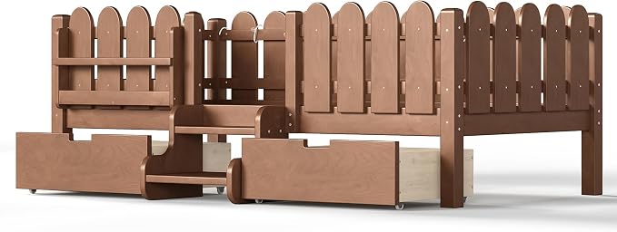 Bellemave Twin Montessori Bed with Stairs, Lights, Rails and Slats, Twin Size Montessori Floor Bed with Bookshelf and 2 Storage Drawers, Easy Assemble Beds Frame for Girls, Boys, Natural