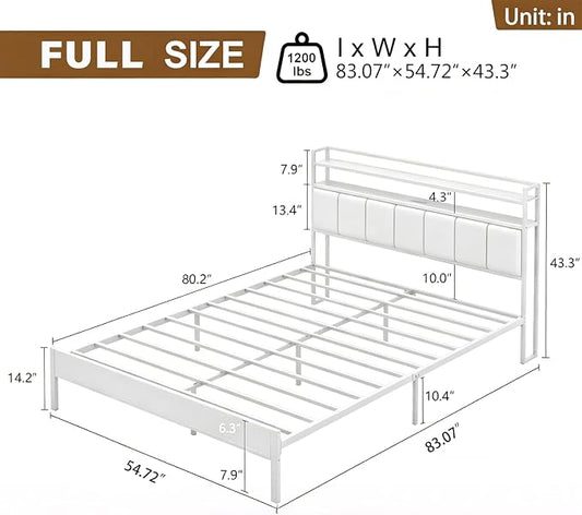 Full Size Bed Frame with Upholstered Headboard and 2-Tier Storage Shelves | Metal / Charging Station / LED Lights / Under Bed Storage / Non-slip/ Noise Free / No Box Spring Needed / White