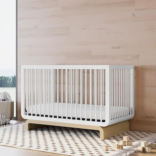 Storkcraft Santorini 5-in-1 Convertible Crib with Toddler Guardrail – GREENGUARD Gold Certified, Conversion Kit Included, 100% Solid Wood, Fits Standard Crib Mattress (White and Driftwood)