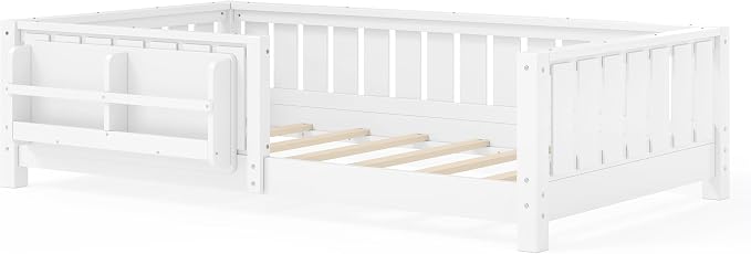 Bellemave Twin Size Montessori Floor Bed with Slats and Fence, Twin Size Montessori Bed with Rails and Bookcase, Easy Assemble Floor Beds Frame, White