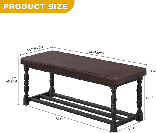 YITAHOME 48 Inch Entryway Bench, Storage Bench with Metal Shelf & Cushioned Seat, Indoor Shoe Rack Bench Seat for Dressing Room, Bedroom, Hallway, Entrance, Brown & Black