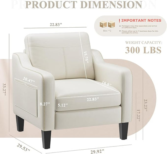 MALOL PU Leather Accent Chair Set of 2, Mid-Century Modern Living Room Armchair Sofa with Removable Cushions, Solid Wood Frame & Stitched Armrest Design, Bedroom Chair with Plastic Legs, Beige