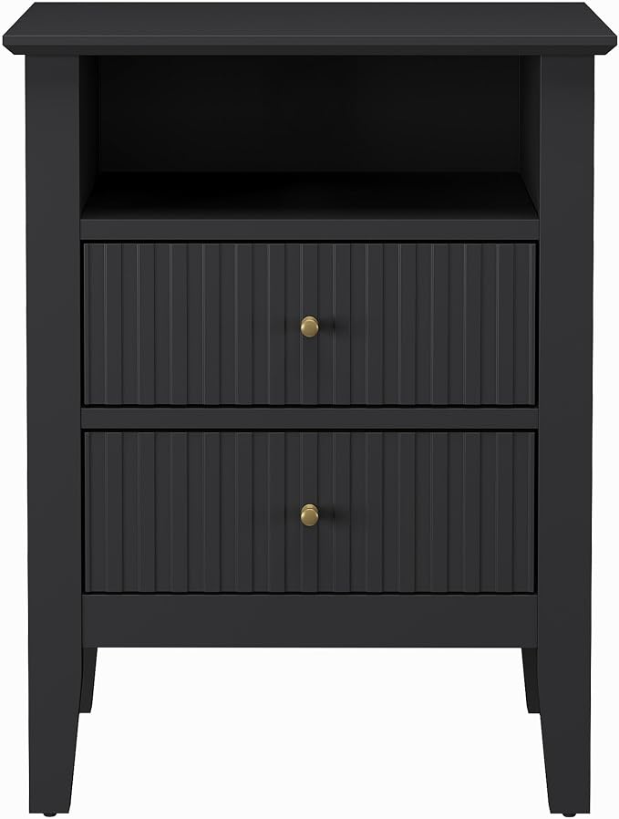 RoyalCraft Black Fluted Nightstand with 2 Drawers, Colorful Nightstand for Bedroom, Modern Wooden End Table with Storage for Small Spaces, Tall Side Sofa Table for Couch, Home Office