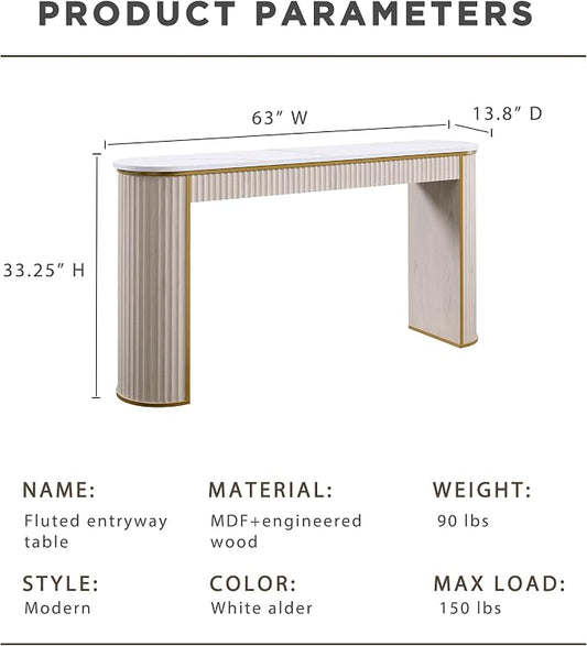 OKD Modern Fluted Console Table, 63" Long Narrow Entryway & Sofa Tables for Hallway, Tall Accent Table Behind Couch for Foyer Living Room, White Alder