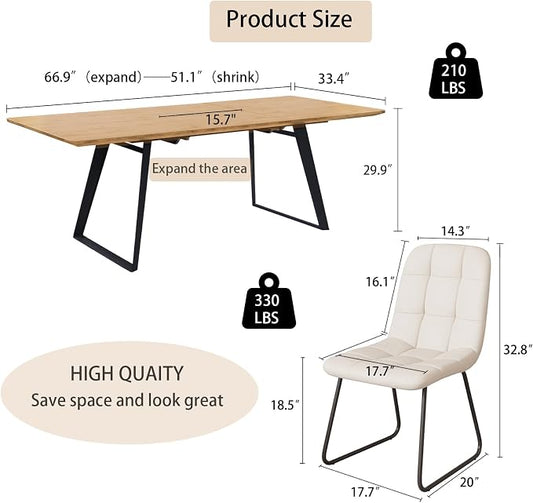 ZckyCine 51‑67 Inch Expandable Dining Set with 6 PU Leather Chairs, Wooden Furniture for Small‑Size Homes