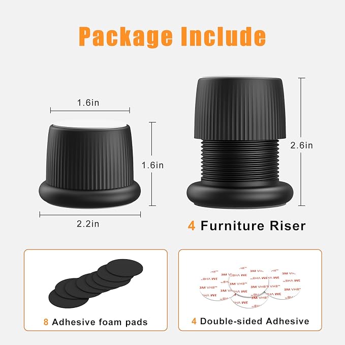 Adjustable Furniture Bed Risers, 1.6-2.6 inch Black, Durable Plastic Anti Slip Couch Risers 2 inch ABS Adjustable Headboard Stopper (Black - 4 pcs)