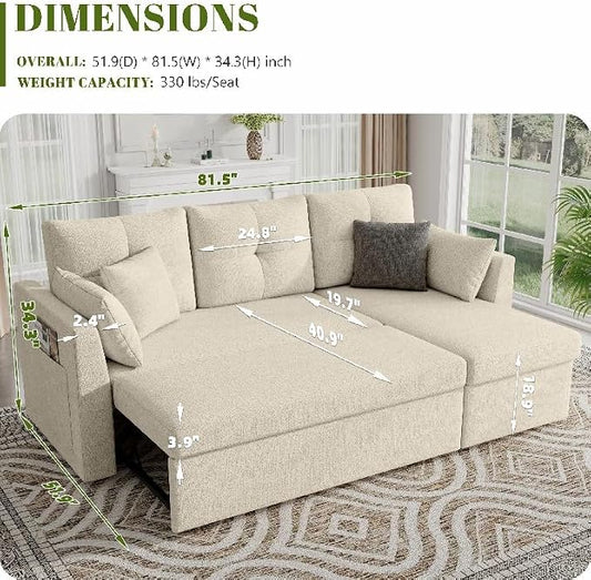 Huatean Home Sleeper Sofa Couch, 2 in 1 Pullout Couch Bed with Storage Chaise, Sectional Sleeper Sofa Bed with Side Pocket for Living Room, Beige