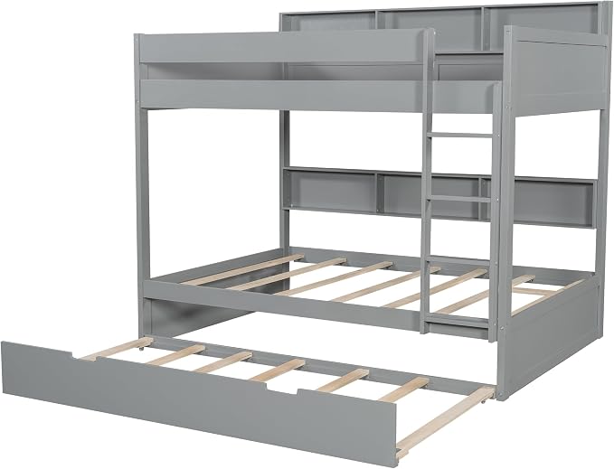 Harper & Bright Designs Rustic Wood Bunk Bed with Pull-Out Trundle, Twin Over Twin Wooden Bunk Bed with Large Cabinet Beside Upper and Down Bed, Gray