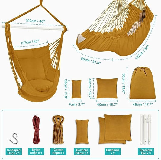 Outerman Hammock Chair, Hanging Chair with 3 Cushions and Foot Rest Support, Durable Metal Spreader Bar Max 500Lbs, Swing Chair for Bedroom, Indoor & Outdoor, Patio, Porch or Tree(Khaki)