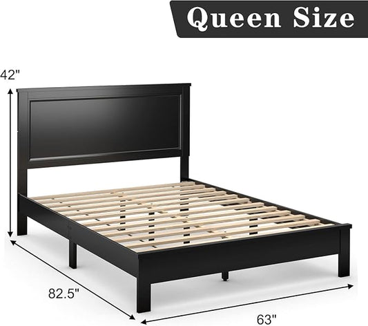 Wood Bed Frames with Headboard, Mid Century Bed Frame with Solid Wood Legs & Wooden Slat Support, Mattress Foundation Bed Base, No Box Spring Needed, (Black, Queen (U.S. Standard))