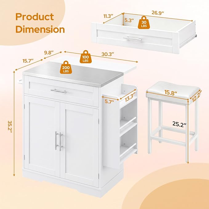 Concho 41'' Kitchen Island with Seating and Stainless Steel Countertop, Rolling Kitchen Carts on Wheels with Folding Drop Leaf, Bar Stool, Power Outlet, Spice/Towel Rack, White
