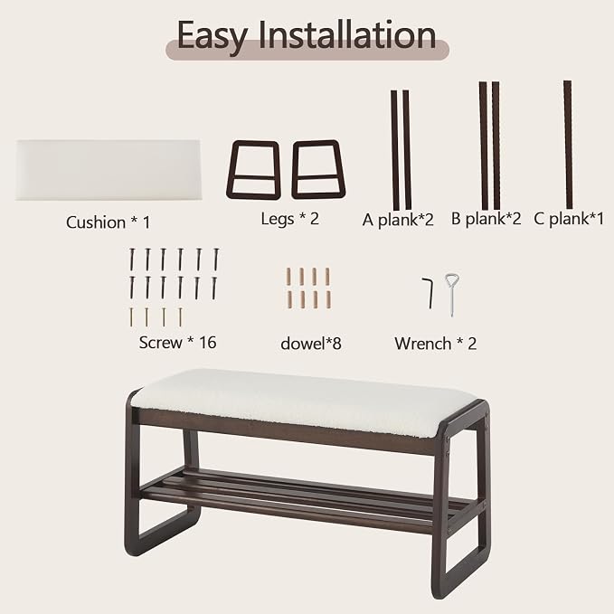 Achicsofar Shoe Rack Bench,2 Tier Solid Wooden Entryway Bench with Shoe Storage, Shoe Rack with Cushion for Living Room, Hallway(Cream White, 31.5")