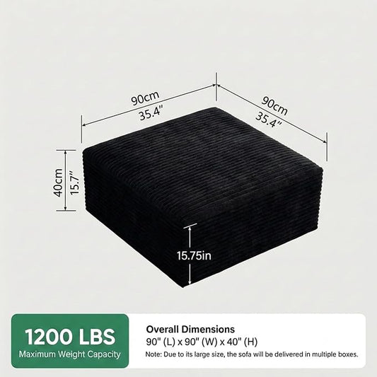 Oversized Boneless Ottoman for Living Room – Plush Square Corduroy Upholstered Couch Ottoman, Modern Low-Profile Footrest for Sectional & Modular Sofa-Black