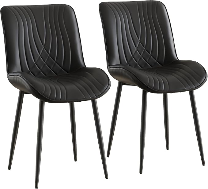 VECELO Dining Chairs Set of 2, Modern Upholstered Faux Leather Cushion Seat and Metal Legs for Kitchen, Living Room, Black