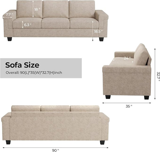 COPIAE 3 Seater Sofa Couch with Deep Seat, 90" Modern Upholstered Sofa with Armrests, Easy Installation, Comfy Couches for Living Room, Apartment, Beige