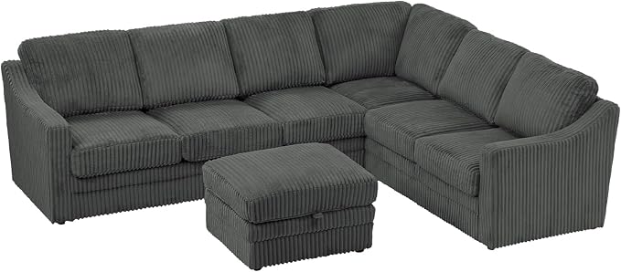 115" Corduroy Sectional Sofa with Storage Ottoman, Modern 7 Seats Corner Couch with Deep Seats, Comfy Modular U Shaped Couch with Comfortable Cushions for Living Room, Grey