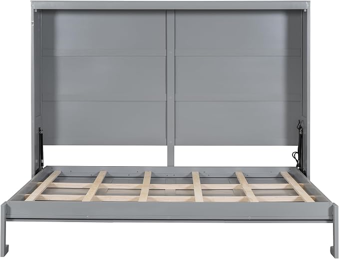 Ball & Cast Queen Size Murphy Bed with Charging Station and Slat Support,Wood Hideaway Cabinet Platform Beds w/Leg & Lock,can be Folded,Space-Saving,for Small Room,Dorms,Gray