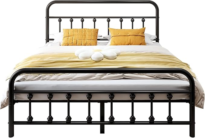 Vengarus Queen Metal Bed Frame with Victorian Headboard & Footboard, Black | 14" Queen Metal Platform Frame, Heavy Duty Steel Slat Support, Noise Free, No Box Spring Needed, Easy Disassembly & Transport