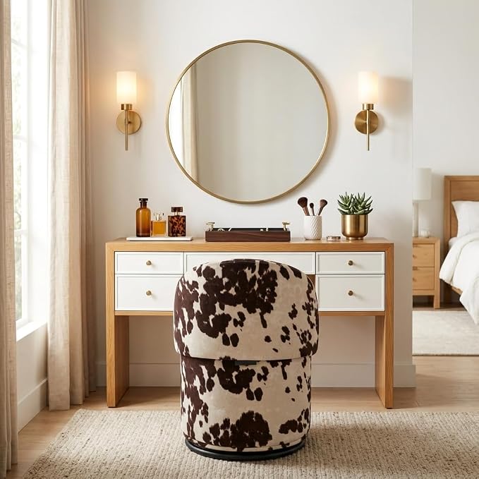 LukeAlon Linen Makeup Ottoman with Storage, Upholstered 360° Swivel Vanity Stool with Foldable Backrest Modern Cylindrical Footrest Stool for Living Room Bedroom, Cow Print
