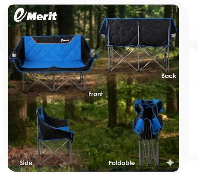 EMERIT Oversized Fully Padded Camping Chair, Heavy Duty 650LB Folding Camping Loveseat, Quad Fold Double Camping Couch with Cup Holders & Carry Bag for Outdoor, Lawn, Sports Events Blue