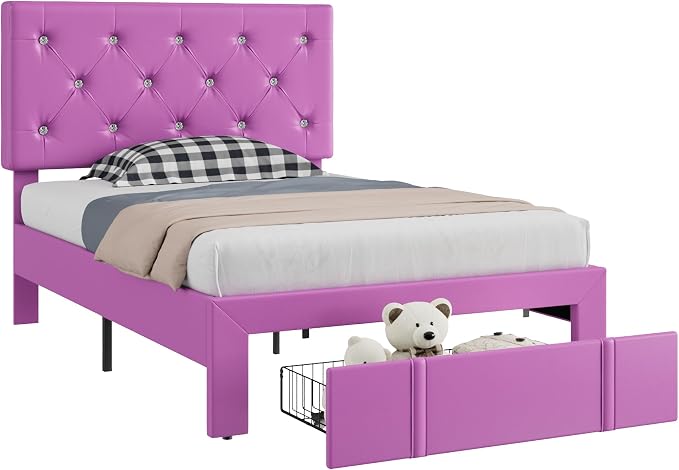 VECELO Twin Size Bed Frame with Storage Drawers, Leather Upholstered with Diamond Tufted Headboard, Solid Wood Slat Support, No Box Spring Needed, PU & Purple