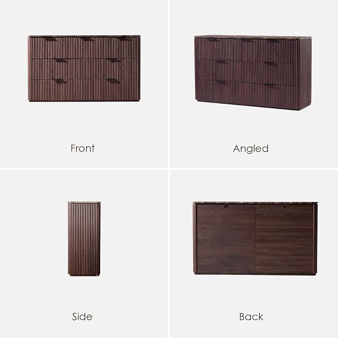 Dresser for Bedroom with 7 Drawers, 54"W Chest of Drawers, Fluted Dresser with Faux Marble Top, Curved Profile Design, Metal Handle, Wood Closet Storage Organizer for Living Room, Hallway, Dark Oak