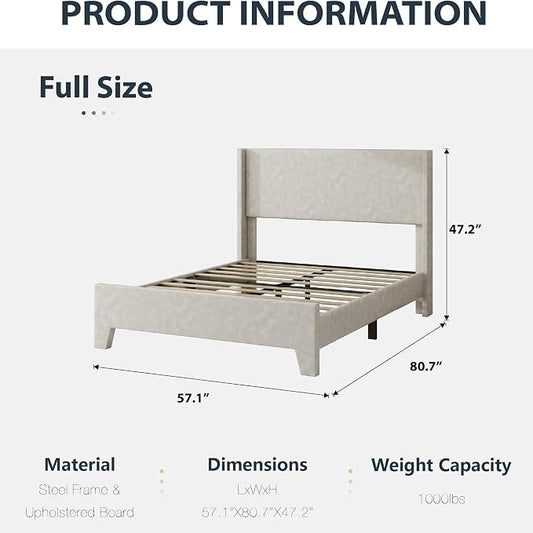 Full Size Bed Frame with Faux Leather Upholstered Headboard, Wear-Resistant, Easy Clean, Mattress Foundation, No Box Spring Required, Easy Assembly, Beige