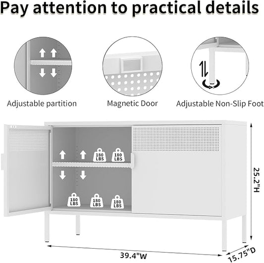 White Metal Storage Cabinet with 2 Doors - 25''H TV Stand, 2 Tier Locker with Adjustable Shelves, Multipurpose TV Cabinet for Office, Home, Living Room, Kitchen