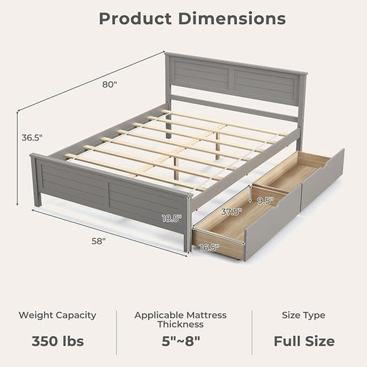 Giantex Wood Full Size Bed Frame with 2 Storage Drawers, Solid Wood Platform Bed with Headboard, Wooden Slats Mattress Foundation, No Spring Needed, Full Bed Frame for Kids, Teens, Adults, Grey