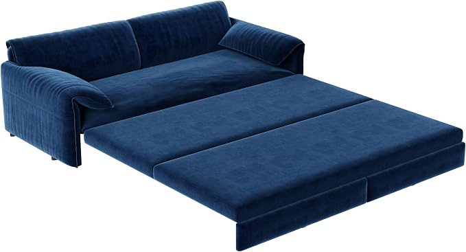 66" Sleeper Sofa Bed Queen Size, 3-in-1 Convertible Couch, Modern Pull Out Couches, Comfy Velvet Futon Sofa, Cloud Loveseat Lounge, Pillow Arm, for Small Spaces, Living Room, Apartment, Blue