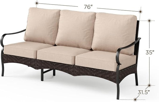 PHI VILLA Wicker & Metal Outdoor Patio Couch,3-Seat Patio Sofa with Deep Seating for Front Porch, Deck, Balcony, Backyard, Sunroom,Beige