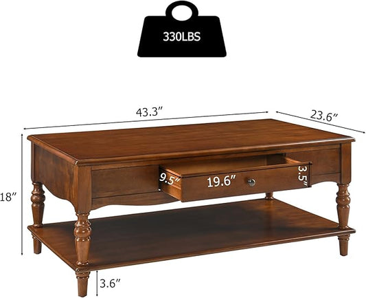 Rectangle Coffee Table with Drawers for Living Room, Solid Wood Coffee Table with Storage Shelf, Mid Century Modern Cherry Wood Coffee Tables, Large Countertop Center Table, Cherry Walnut KFZ-C008-DR