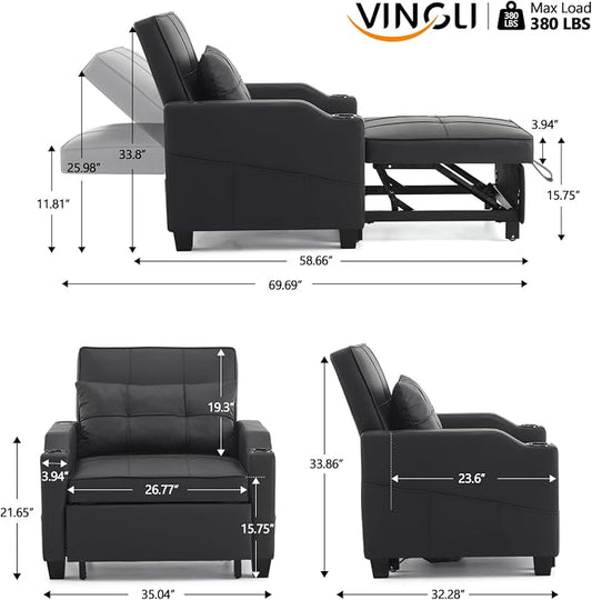 VINGLI Sleeper Chair 3-in-1 Convertible Sofa Bed Adjustable Recliner Sofa Modern Pull Out Couch Bed with 2 USB Ports 2 Cup Holders 2 Side Pockets for Living Room Bedroom Small Spaces, Black