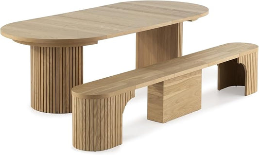 Transformer Table - Solid Wood Extendable Round Dining Table Set with Bench, Expandable Round Dining Set, Seats 4-10, Seat with Hidden Panel Storage, Natural (Table + Bench)