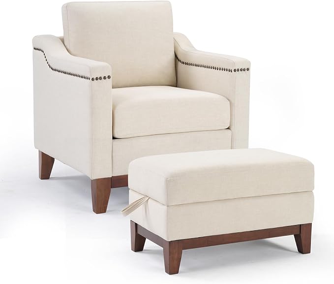 HAOMARKETS 2 Piece Fabric Sofa Set with Nailhead Trim, Included Comfy Accent Chair with Thicked Cushion and Upholstered Storage Ottoman with Flip-Top Table, Living Room Furniture Set,Beige