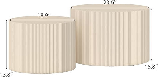Otterease Round Coffee Table Set of 2, Modern Wooden Beige Nesting Tables for Living Room, No Assembly Required Circle Side Tables Set Accent End Table for Bedroom, Balcony