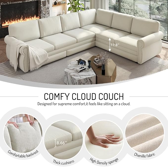 118" L-Shaped Sleeper Couch Bed - Oversize Convertible with Pull-Out Sofa Bed, Button Tufted Chesterfield Sofa, Chenille Sectional Vintage Couches for Living Room/Apartment(6-Seater, Beige)