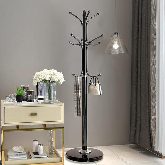 Kertnic Freestanding Coat Rack Stand, Heavy Duty Metal Hall Tree with 12 Hooks, 70 Inch Tall Stable Coat Hanger with 14.6" Natural Marble Base, Entryway Organizer for Coats Bags Hats Purses (Black)