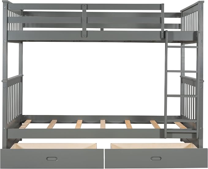 Merax Twin-Over-Twin Bunk Bed with Two Storage Drawers, Solid Wood Twin Size Bunk Bed with Guardrial and Removble Ladder, Can be Converted Into 2 Separate Beds, Grey
