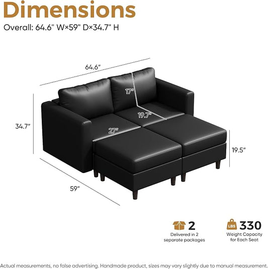 ABCASA Faux Leather Loveseat Sofa Sleeper Bed with Storage Seat, 64.6" Modular Sectional Couch Deep Seat with Reversible Chaise 2-Seat Black
