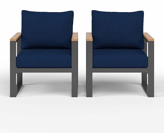Sundale Outdoor 2 Pieces Patio Aluminum Armchairs, All-Weather Outdoor Furniture with 6” Olefin Cushion & Wide Armrest, Outdoor Chairs or Garden Deck Porch (Navy Blue)