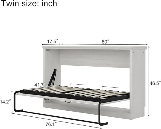 Ball & Cast Horizontal Murphy Bed Twin Size Wall Bed,Folding into Cabinet Hideaway Bedframe w/Metal Frame and Wood Slat Support,Space Saving Furniture for Boy Girl Bedroom,Student,Rustic White