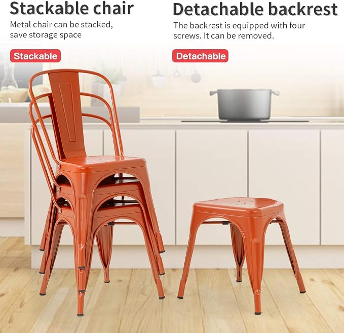 FDW | Set of 4 Metal Dining Chairs | Orange | Stackable Tolix Side Chairs with Backrest | Scratch-Resistant | Non-Slip Feet | Indoor/Outdoor Use | 330 lbs Capacity | Ideal for Kitchen & Restaurant