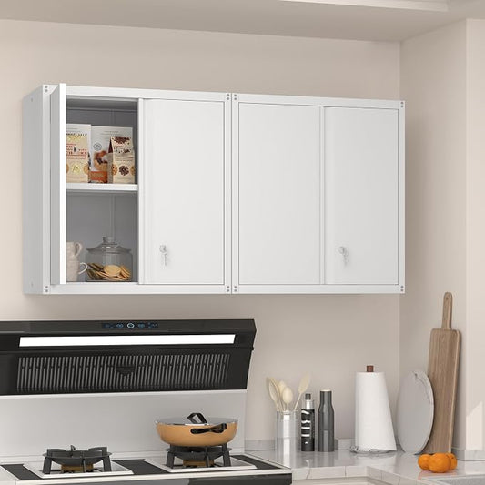 Metal Wall Cabinets, Kitchen Wall Hanging Cabinet, Locking Steel Storage Cabinets with Adjustable Shelves and Locking Doors, Wall Mount Tool Cabinet for Garage, Home, White