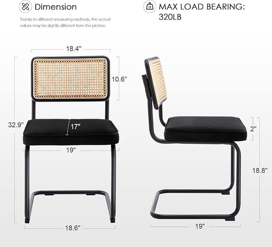 Zesthouse Natural Rattan Dining Chairs Set of 4, Modern Dining Room Chairs with Solid Wood Back for Kitchen Living Room, Mid Century Breuer Design Inspired, Upholstered Velvet Fabric, Black