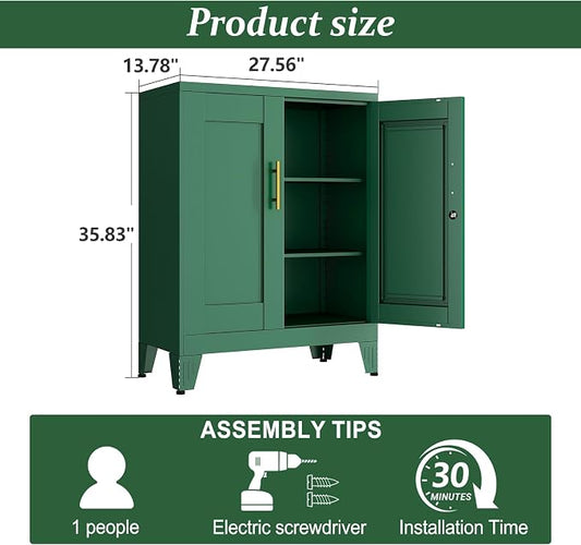 Green Metal Storage Cabinet, 36" Tall Locking Storage Cabinet, 14”D | with 2 Adjustable Shelves, Steel Locker Organizer, Metal Freestanding Buffet Cupboards Sideboard for Office, Home, School,2PS