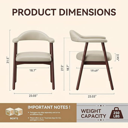 MALOL Leather Dining Chair with Armrest Set of 4, Upholstered Dining Room Chair with Curved Back and Wood Legs, Mid Century Modern Kitchen Chairs for Kitchen Dining Room,Khaki